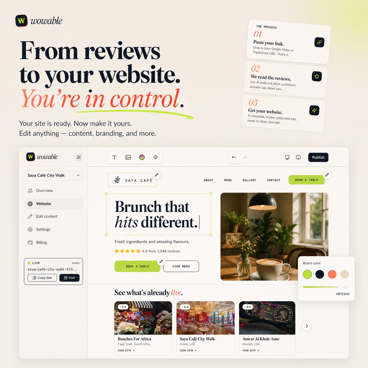 Wowable website dashboard showing editing and publishing controls