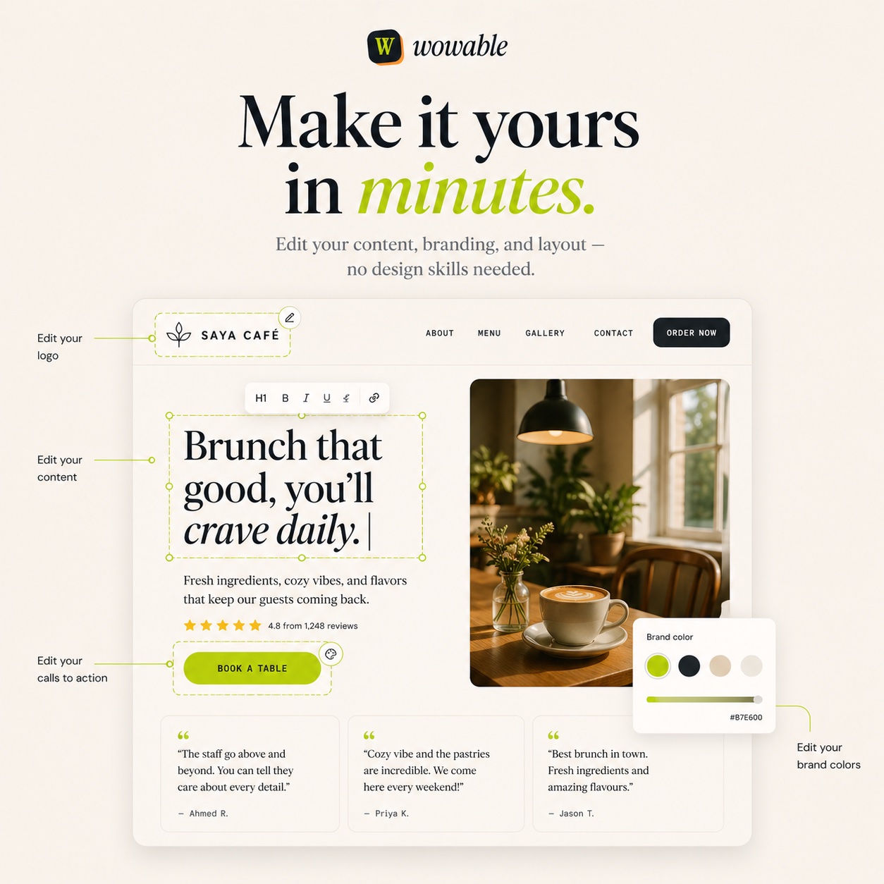 Wowable visual editor for changing website content, branding and calls to action