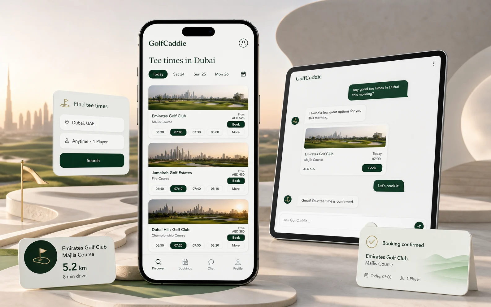 Art-directed GolfCaddie booking product presentation