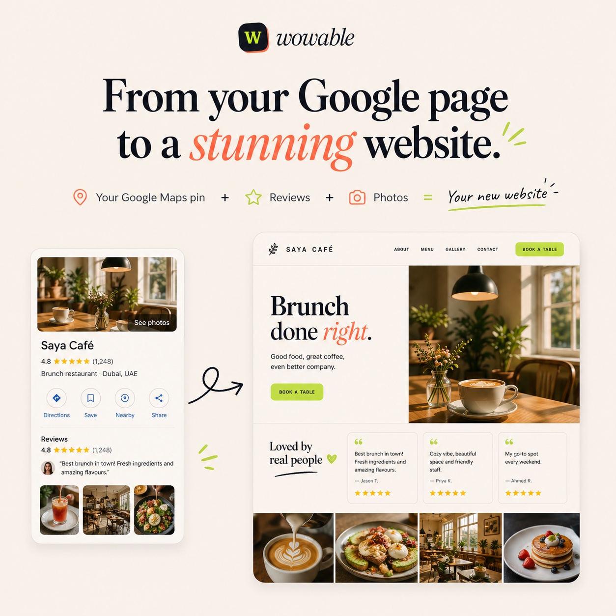 Wowable workflow from a Google business page to a designed café website