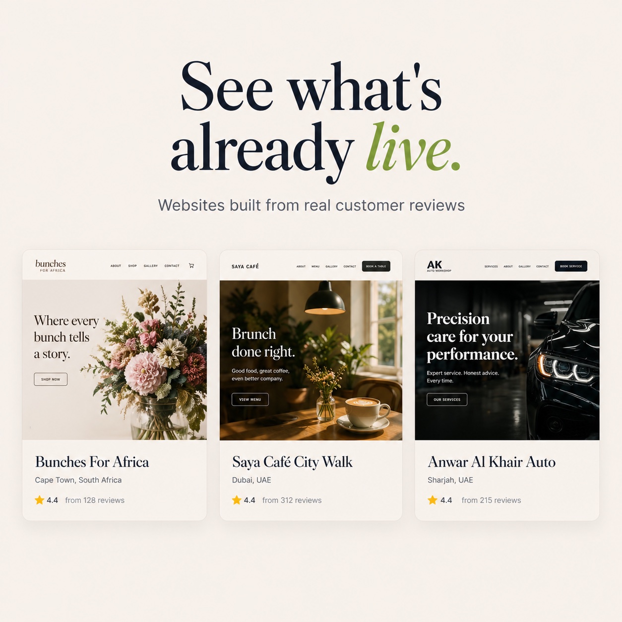 Examples of different live websites created through Wowable