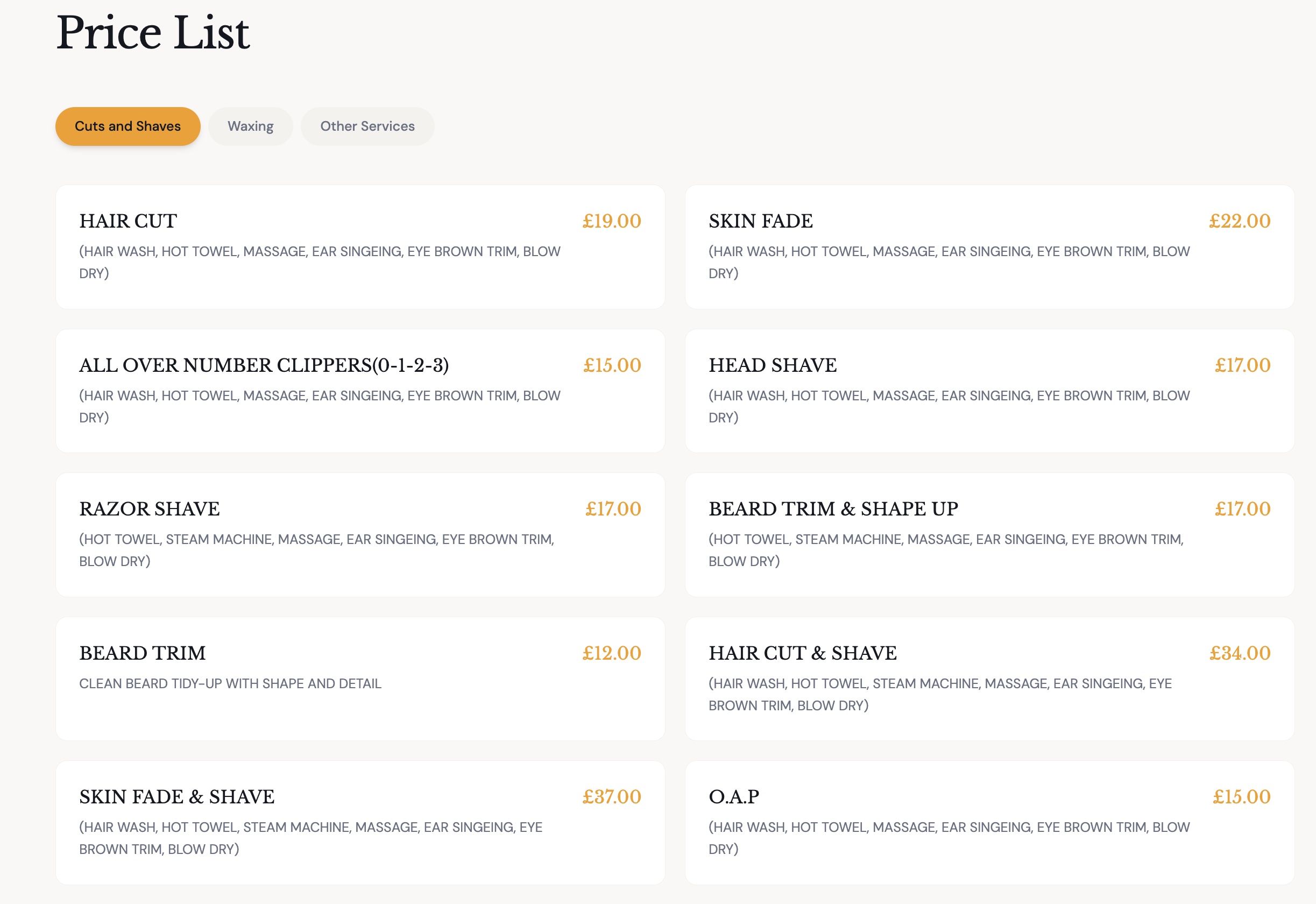 BarberTime website service price list