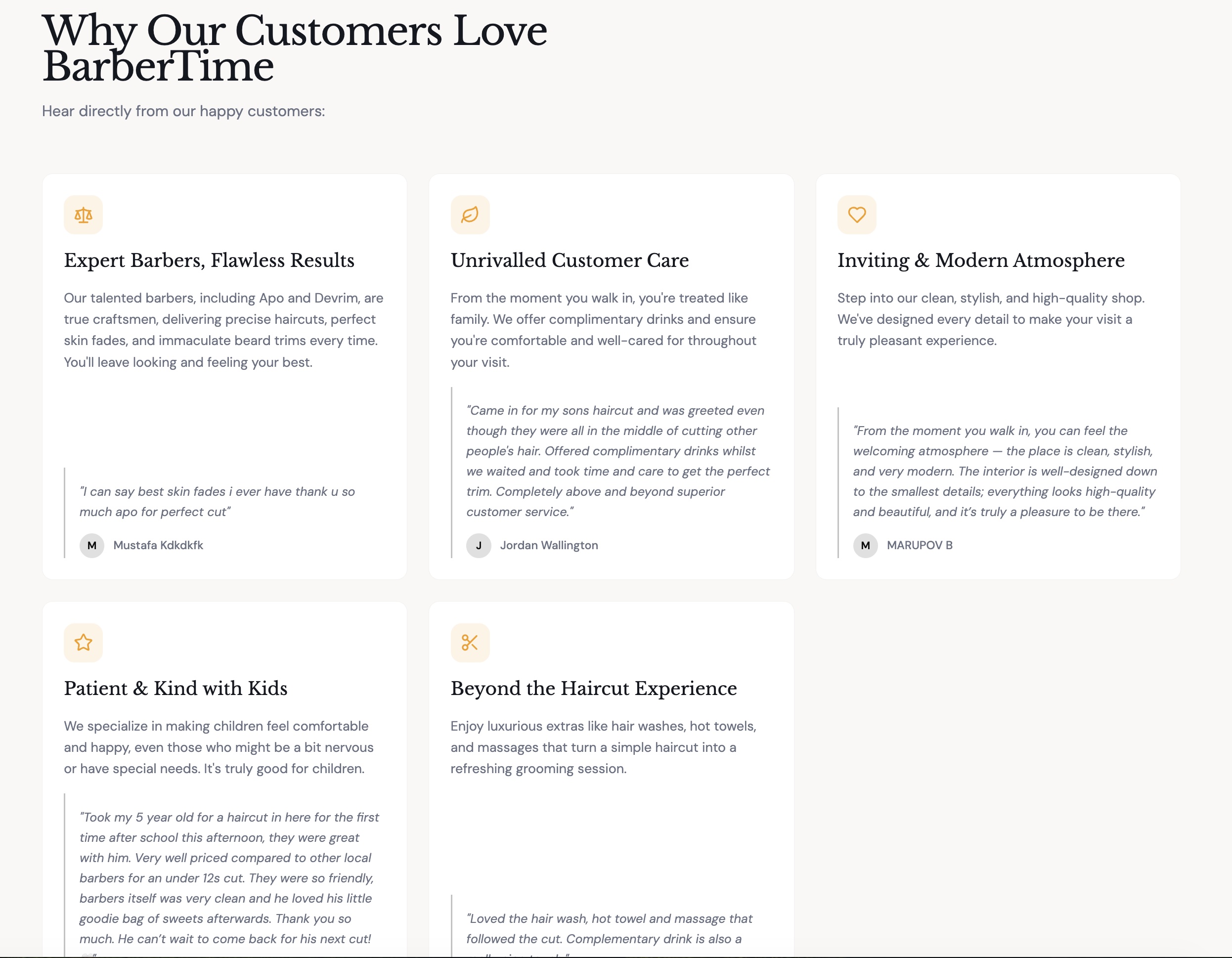 BarberTime customer-review and service-proof sections