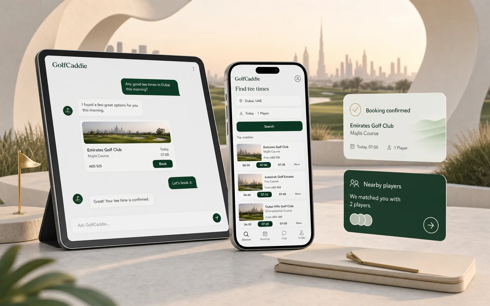 GolfCaddie conversational discovery, tee-time results and booking confirmation workflow