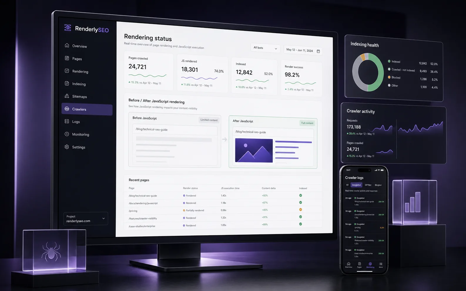 RenderlySEO rendering status, crawler activity and indexing health workflow