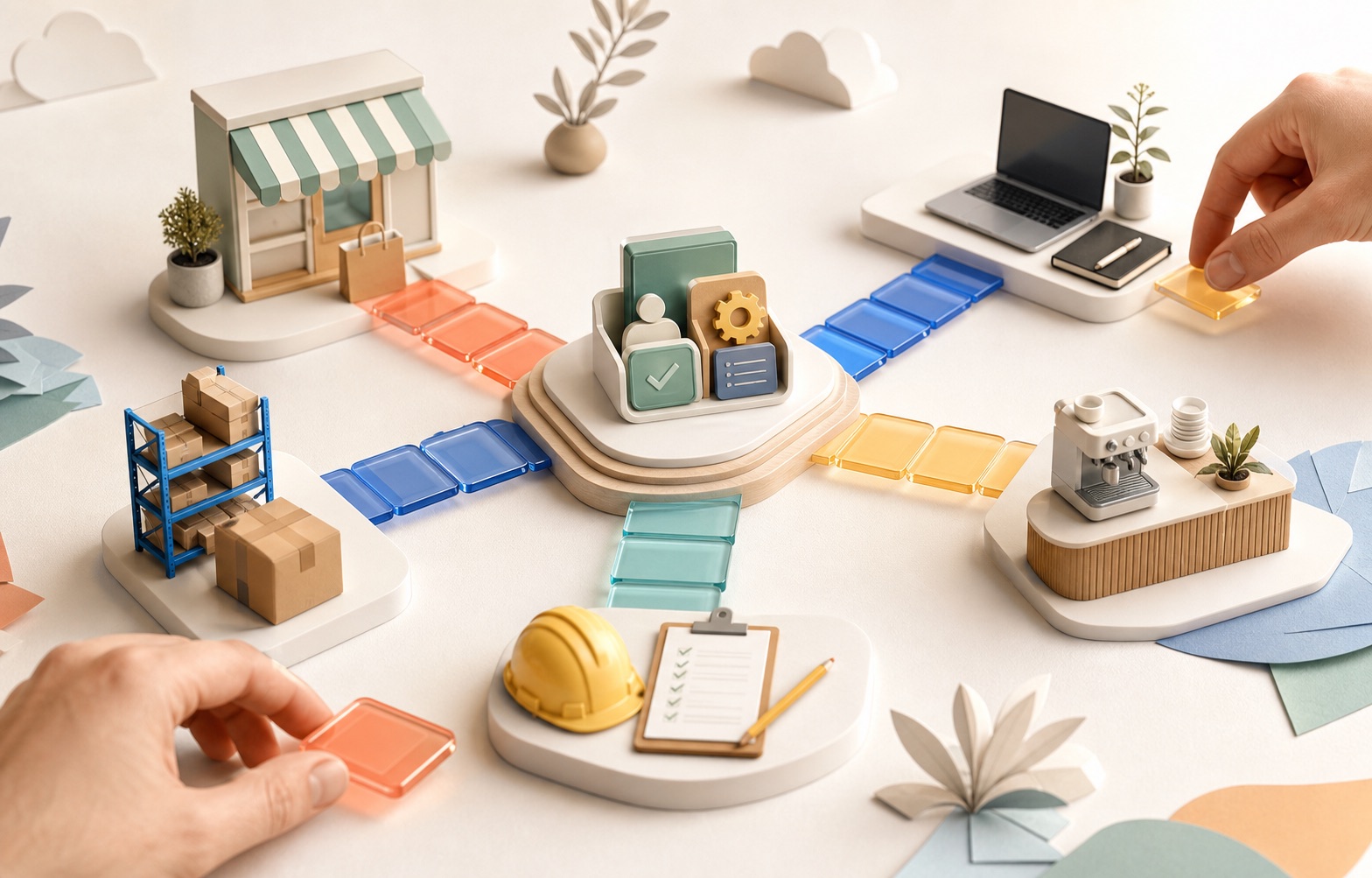 Bright editorial scene of small business workstations connected by a colourful step-by-step AI workflow.