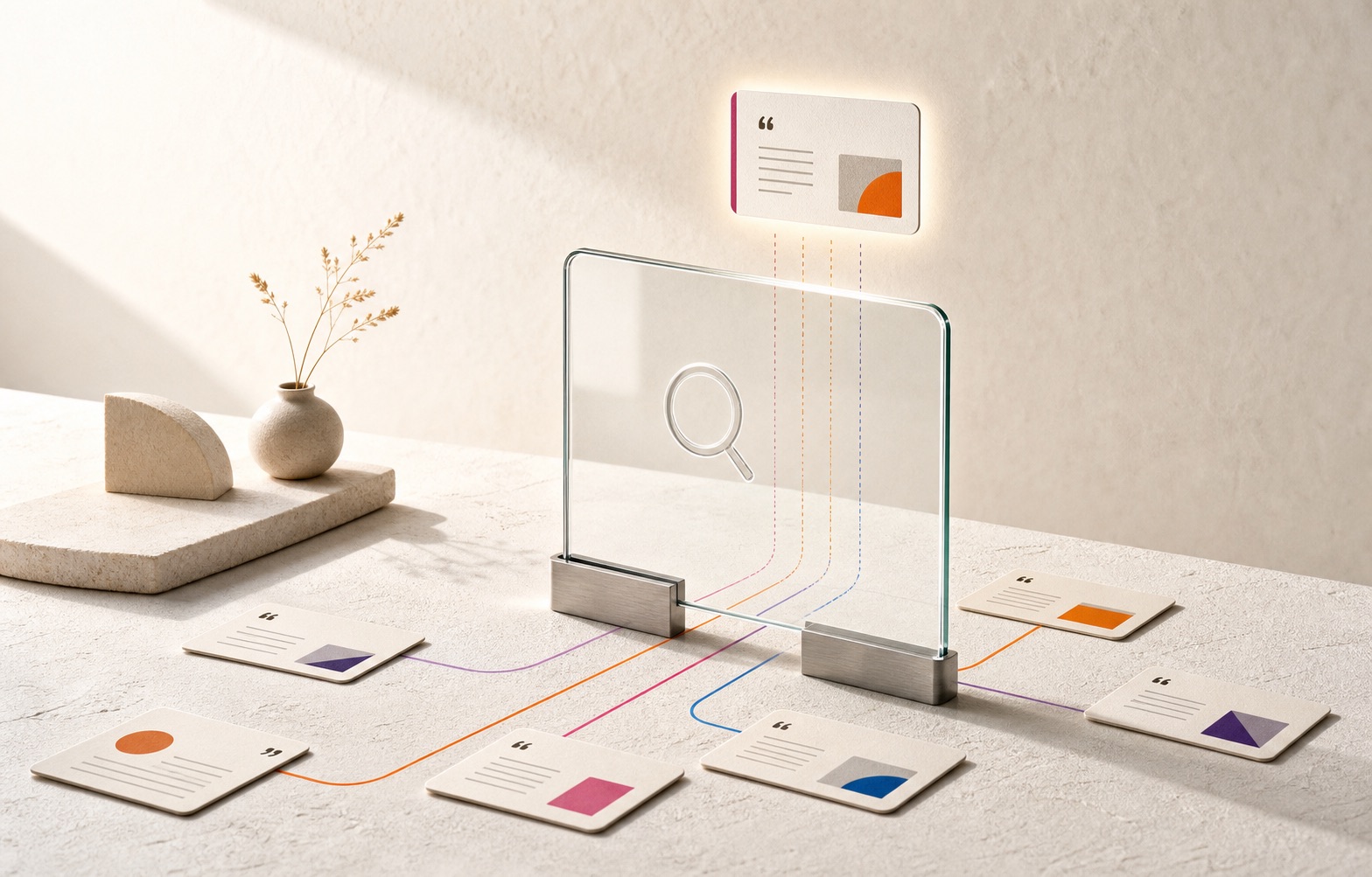 Editorial source cards connected by coloured paths through a transparent AI search panel.