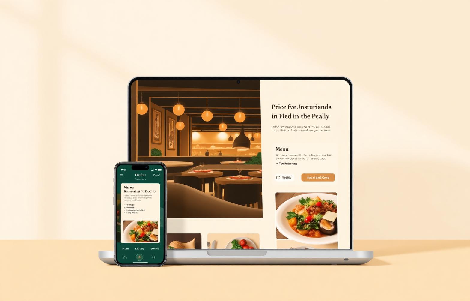 Laptop and phone mockup of a modern restaurant website with menu, reservations and food photography.