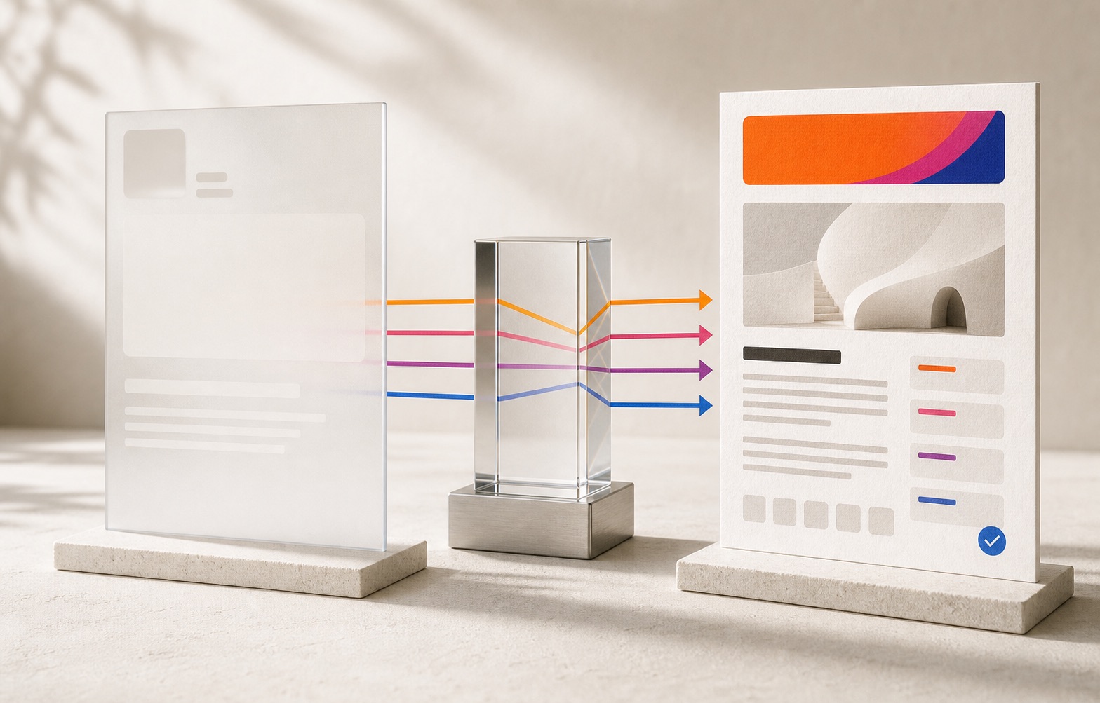 An empty translucent app shell transformed through a glass rendering prism into a complete crawlable web page.