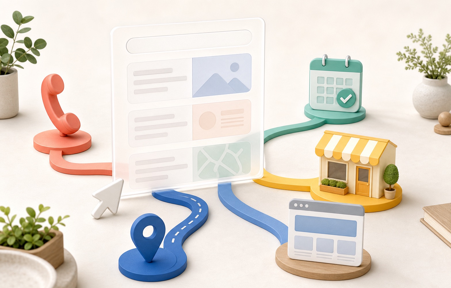 Bright editorial search panel connecting customers to calls, directions, bookings and a business website.